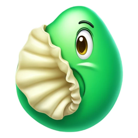 Green blob-shaped cartoon character holding a beige seashell, smiling mischievously on a pastel green background sticker