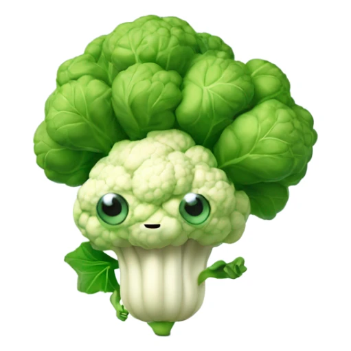 3D cauliflower character with big eyes 👀, a few green leaves 🍃, and leafy hands holding a small mirror 🪞 while gazing into it.  sticker