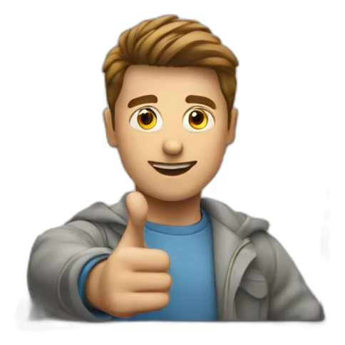 A person behind a laptop is pointing at the camera sticker