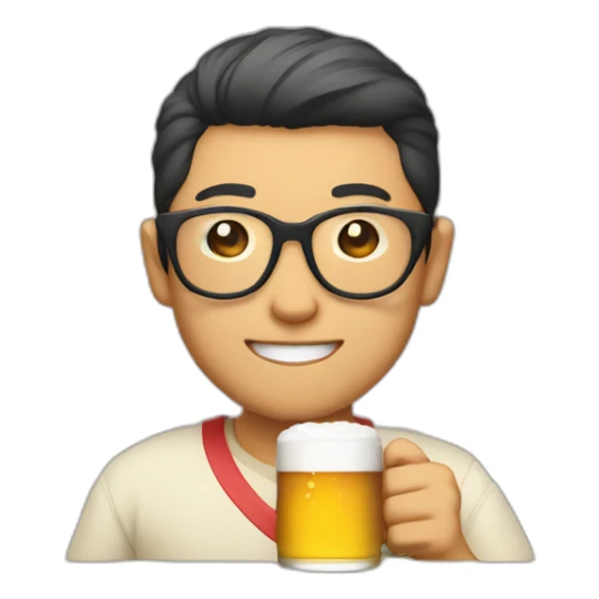 Japanese wearing roundglasses alohashirt is holding beer sticker