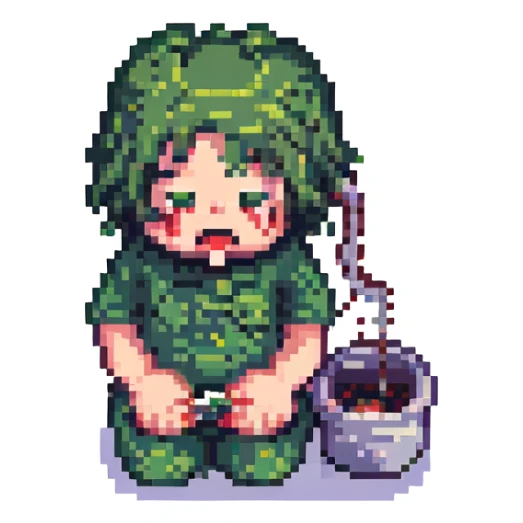 pixel art character vomiting, retro video game style sticker
