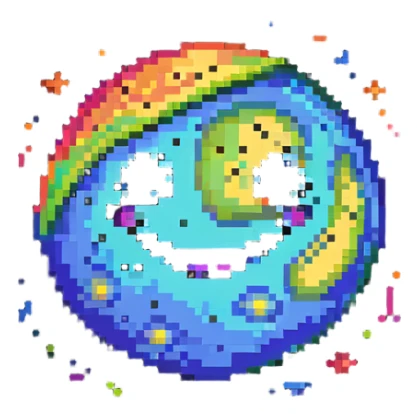 vibrant multicolored planet with bright spots and a happy smiling face sticker