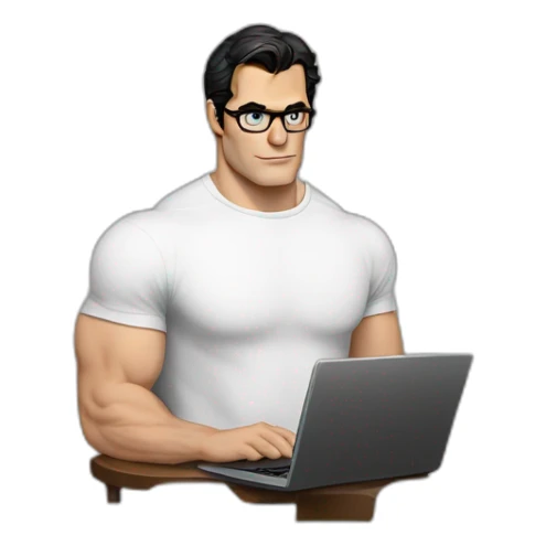 henry cavill clark kent wearing white t-shirt using a laptop front view sticker