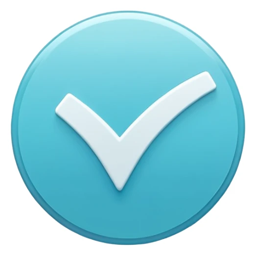 Modern emoji-style  verified icon: cyan-blue circular badge, bold white checkmark, smooth gradient, soft glossy highlights, subtle shine, thick white border, minimalist flat + semi-3D style, smooth edges, high contrast, transparent PNG, high quality, sharp. sticker