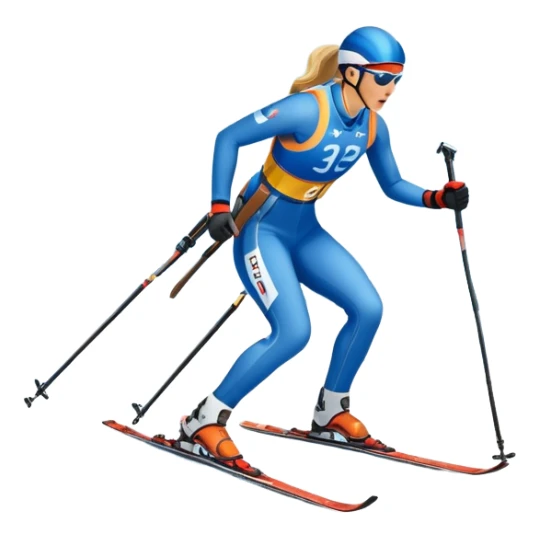 An icon featuring a biathlete in motion, holding a rifle and skiing across a snowy course. The backdrop includes snow-covered trees, distant mountains, and a clear blue sky. Transparent background highlights the precision, endurance, and excitement of biathlon. sticker