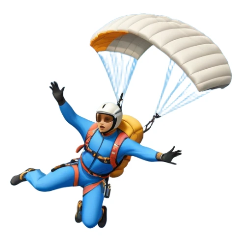 A base jumper soaring through the air, parachute deployed, flying off a steep mountain peak. The background is filled with majestic mountains, clear blue sky, and distant clouds, capturing the exhilarating thrill and beauty of extreme sports. sticker