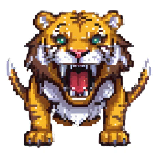 saber-toothed tiger with extremely small body and enormously exaggerated fangs, tiny creature with giant teeth that are much bigger than its whole body sticker