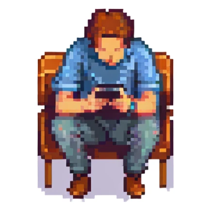 a man hunched over his cell phone, pixel art style sticker