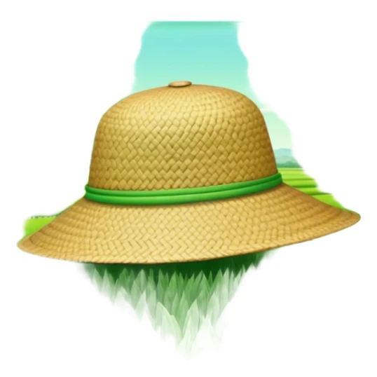 Cinematic Realistic image of a traditional rice farmer's hat, crafted from woven natural fibers with delicate texture details, set against a lush backdrop of vibrant green rice paddies under gentle, early morning light that evokes rural tradition. sticker