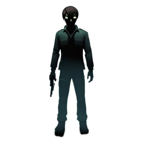 An icon featuring a dark, eerie atmosphere with a spooky environment, inspired by horror games like Resident Evil. The design includes ominous lighting, creepy shadows, and a silhouette of a character in distress. Transparent background enhances the chilling vibe of the scene. sticker