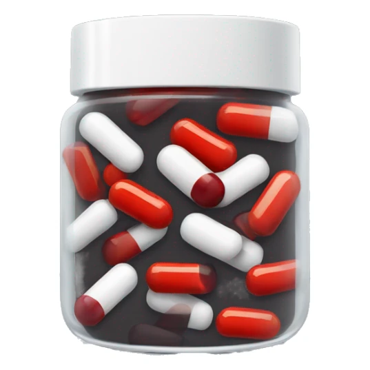 dark tinted supplement jar with pills that are half white and half red inside sticker