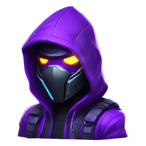 Side view developer behind his laptop with this style : crysis Cyberpunk Valorant neon glowing bright purple character purple violet black hooded assassin themed character sticker