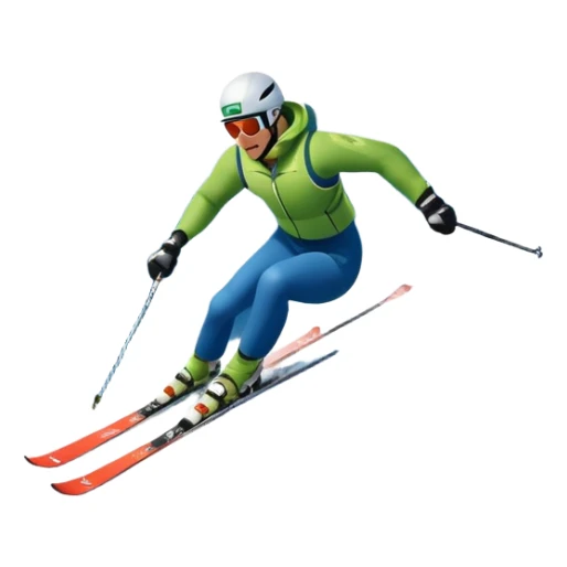 An icon featuring snowy peaks, pine trees, and a picturesque mountain landscape with a skier racing down a snow-covered slope. The sky is blue with soft clouds, capturing the thrill and beauty of alpine skiing. Transparent background highlights the excitement and serenity of winter sports. sticker