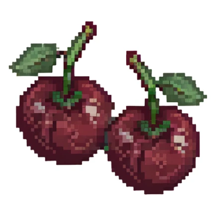 Pixel art of two dark maroon cherries with green stem, deep red color sticker