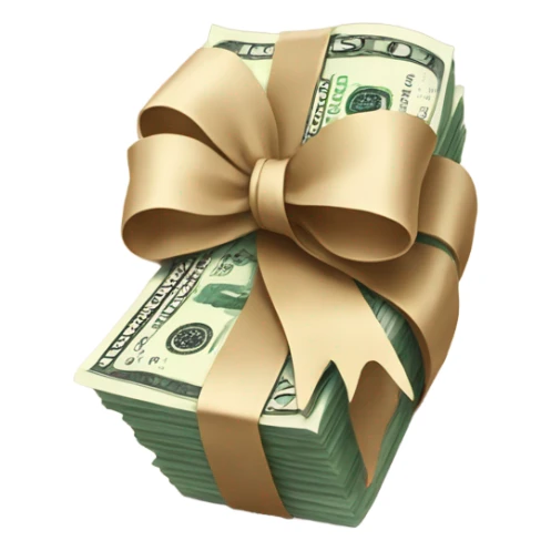 a bundle of money tied with a beige bow sticker