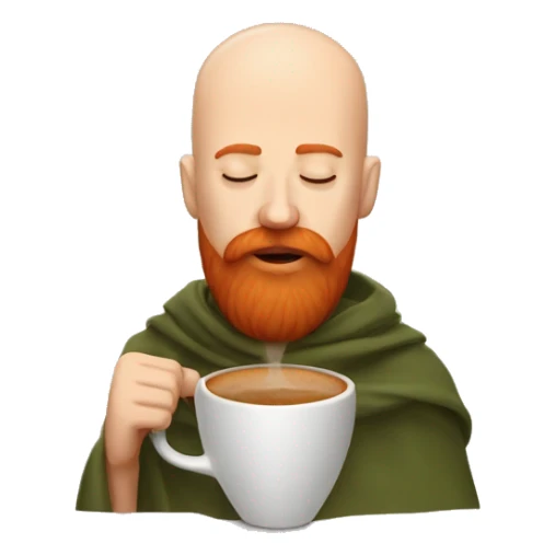 Bald man with red beard and mustache inside blanket eyes closed sipping coffee sticker
