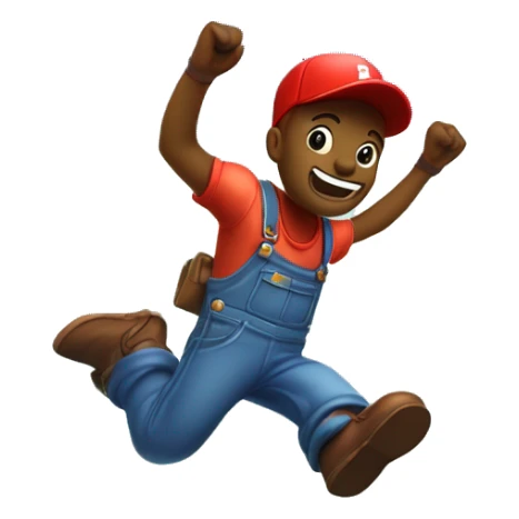 Create a cheerful character with a round face, red cap, blue overalls, and brown shoes, jumping in a vibrant fantasy landscape with green hills and floating blocks, evoking retro platformer games. sticker