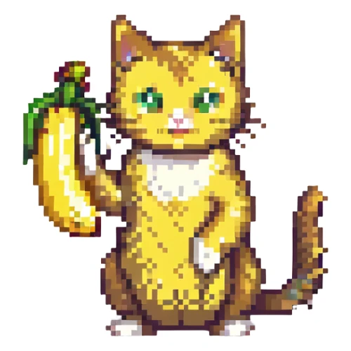 goofy cat with a banana body, pixel art style, bright colors sticker