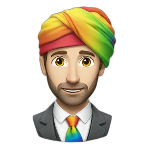 Gareth Southgate wearing a turban and waistcoat and a rainbow tie sticker