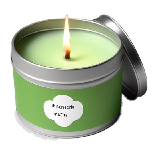 minimal matcha scented lit candle in small silver tin with realistic label sticker