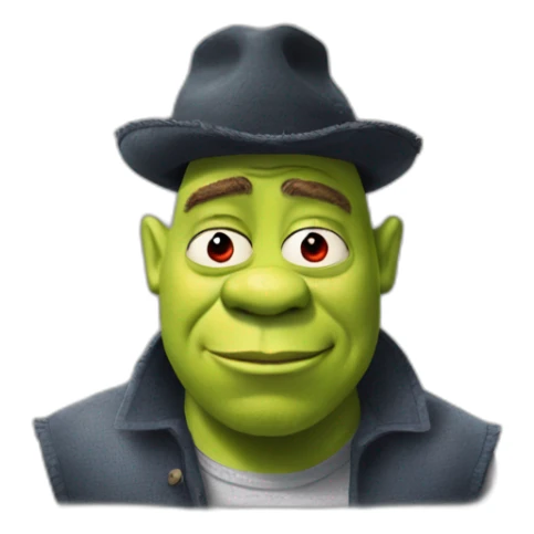 Shrek as rick astley with sic eyes and a Red hat sticker