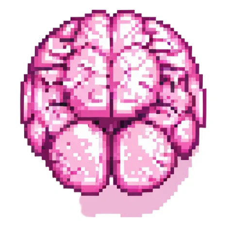 Change this 3D melting brain icon to pink color, keep it fully front facing with pixel art accents and shiny look, background transparent. sticker