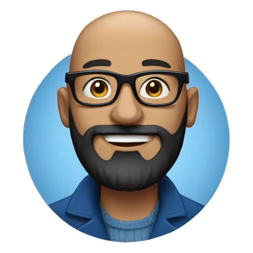 Bald man smiling with glasses and a big, bushy black beard. Wearing a blue coat sticker