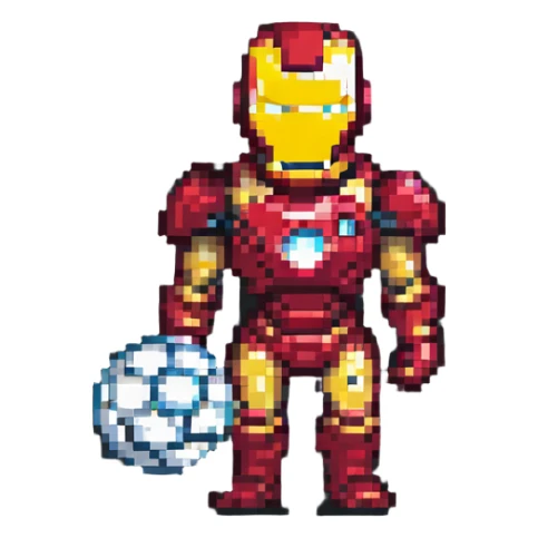 Ironman holding a soccer ball, pixel art style sticker