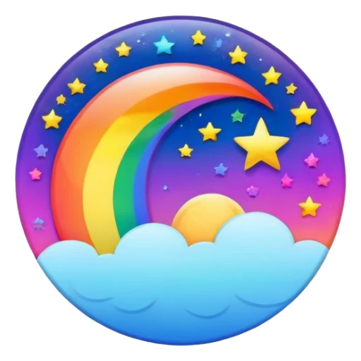 A round psychedelic colored button with rainbow colored moon and stars in the center sticker