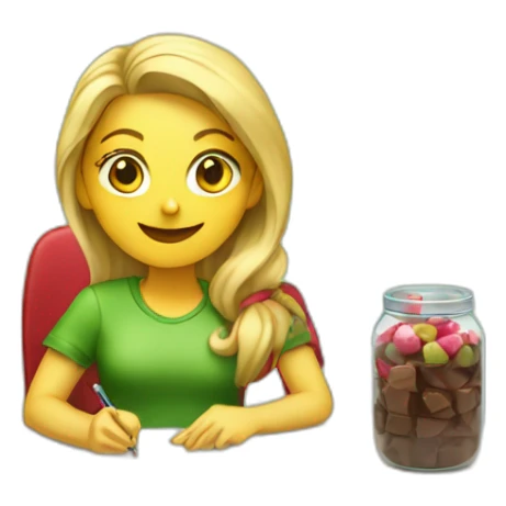 Girl with blonde hair sitting at a desk wrapping chocolate candies with solid green background red shirt sticker