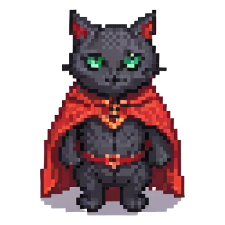 black cat with devil horns and a cape, pixel art style sticker