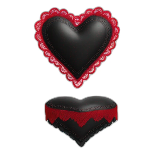 black leather heart shaped cushion with red lace border sticker