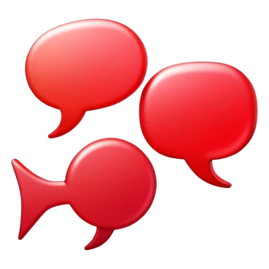 A minimalist 3D illustration of intersecting chat bubbles with a small play button, red gradient colors, clean lines, tech-inspired design sticker