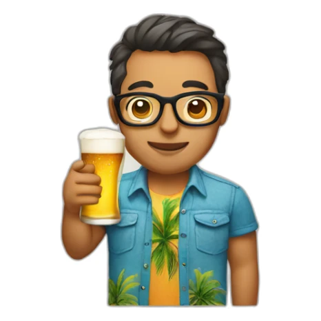person wearing glasses alohashirt is holding beer sticker