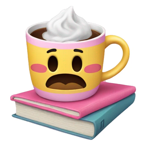 a coffee mug is standing on a pink book sticker