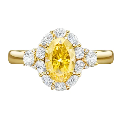 “Yellow oval diamond ring with a white diamond halo on a gold band, elegant and detailed.” sticker