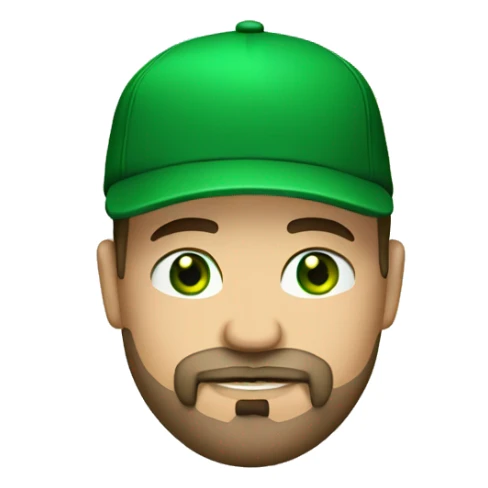 man fat with goatee beard, green eyes and green cap sticker