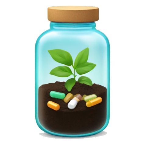 Glass jar with plant and pills as soil sticker