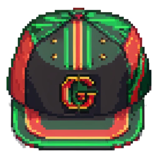 pixel art Gucci cap with green and red stripes and gold accent sticker