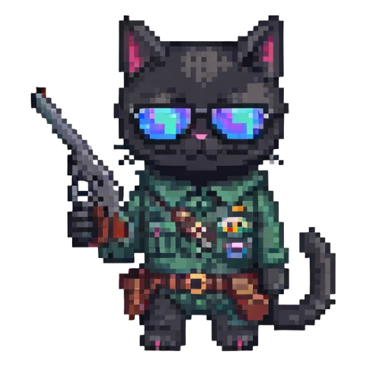 black cat with sunglasses and a gun sticker