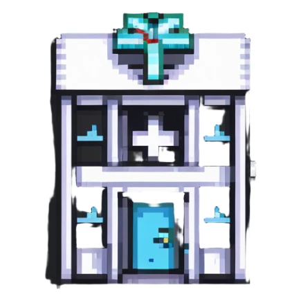 tiny simple hospital building icon with medical cross, modern colors, minimal details, small size sticker