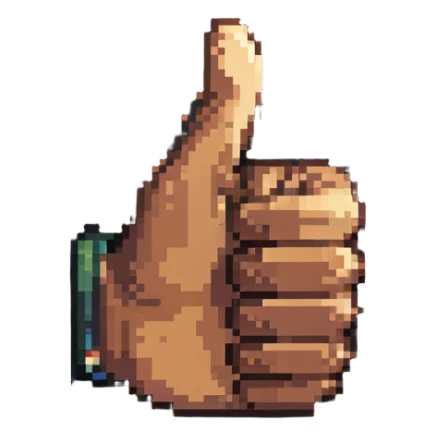 Thumbs up hand with dark skin and light skin highlights, pixelated style sticker