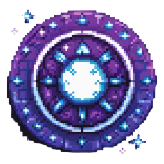 pixel art icon glowing atomic symbol in center, surrounded by subtle stars, deep space background, futuristic and clean, using blue purple and white tones sticker