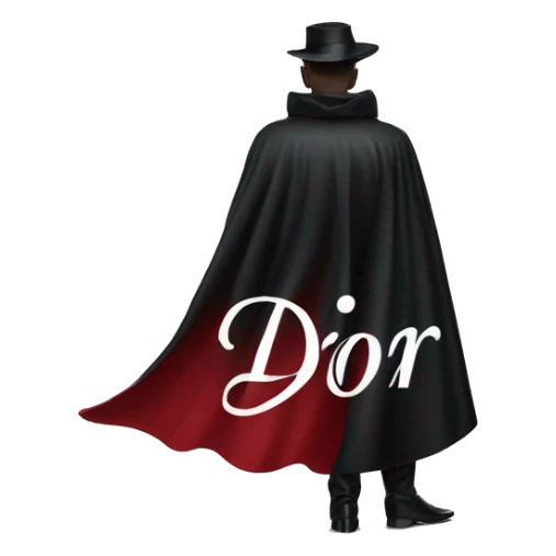 back profile of black magician, cape that says Dior, Dior logo on the cape sticker