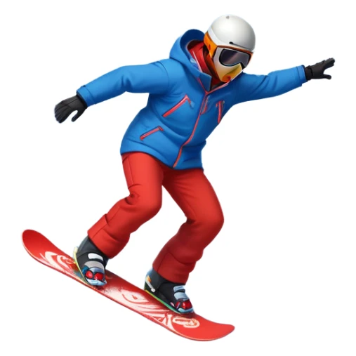 An icon showing a snowboarder performing an exciting jump on a snow-covered slope. The background features towering mountains, snow-covered trees, and a bright, clear sky. Transparent background highlights the speed, agility, and thrill of snowboarding. sticker