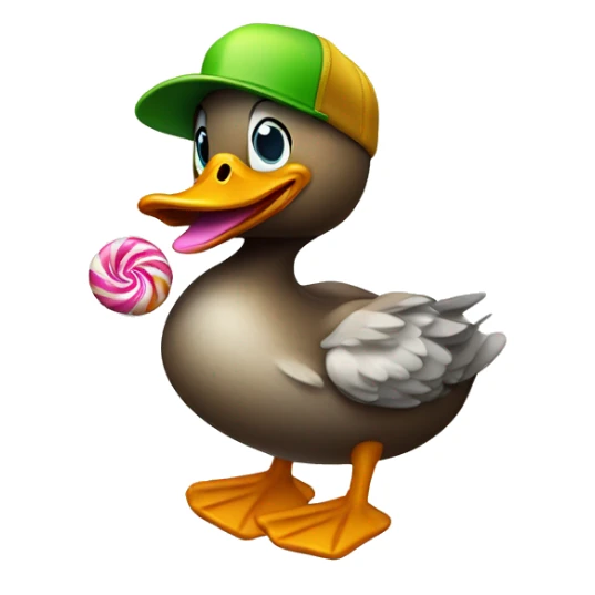 Duck wearing a trucker hat eating a candy caen sticker