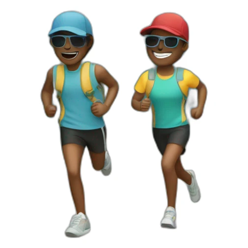 two friends running on the mountains wearing a cap and sunglasses sticker