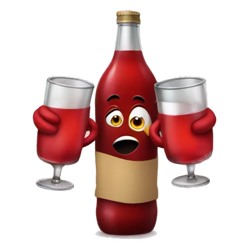 A red ❤️ emoji with eyes, a mouth, and hands, looking tipsy, holding a drink bottle, with a playful, drunken expression sticker