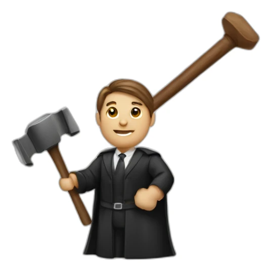 male judge holding a small woodden hammer sticker