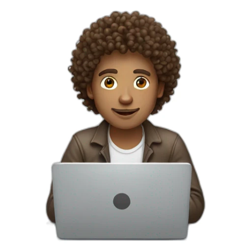brown curly hair white skin man working on laptop sticker